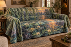 Willow Pond Host Gift Sofa Cover with flat printed optical 3D jade willow boughs, blue-green pond and ivory lilies