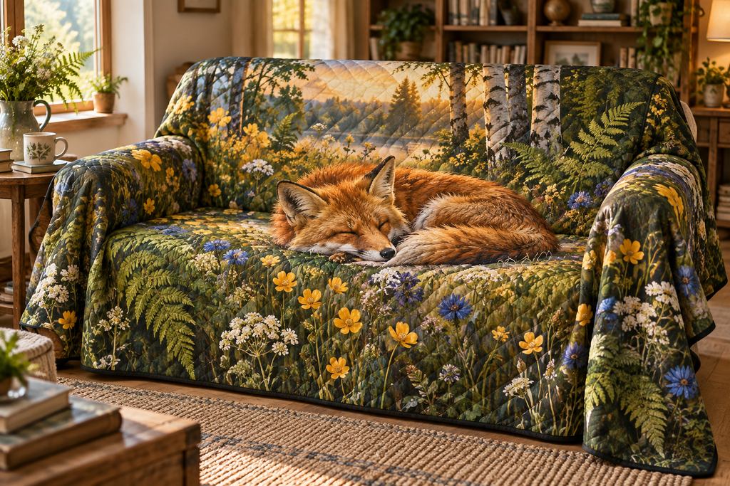 Fox Wildflower Reading Nook Sofa Cover with flat printed optical 3D russet fox, buttercups, cornflowers and birch grove