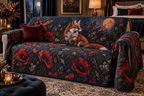 Fox Wildflower Bedroom Sofa Cover with flat printed optical 3D russet fox, rose poppies and midnight meadow