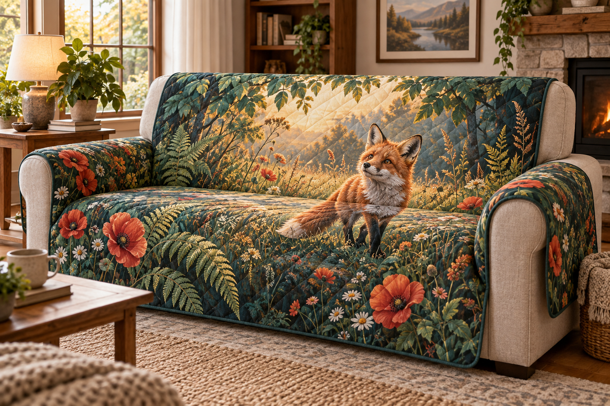 Fox Wildflower Living Room Sofa Cover with flat printed optical 3D russet fox, poppies, meadow grasses and leafy arch
