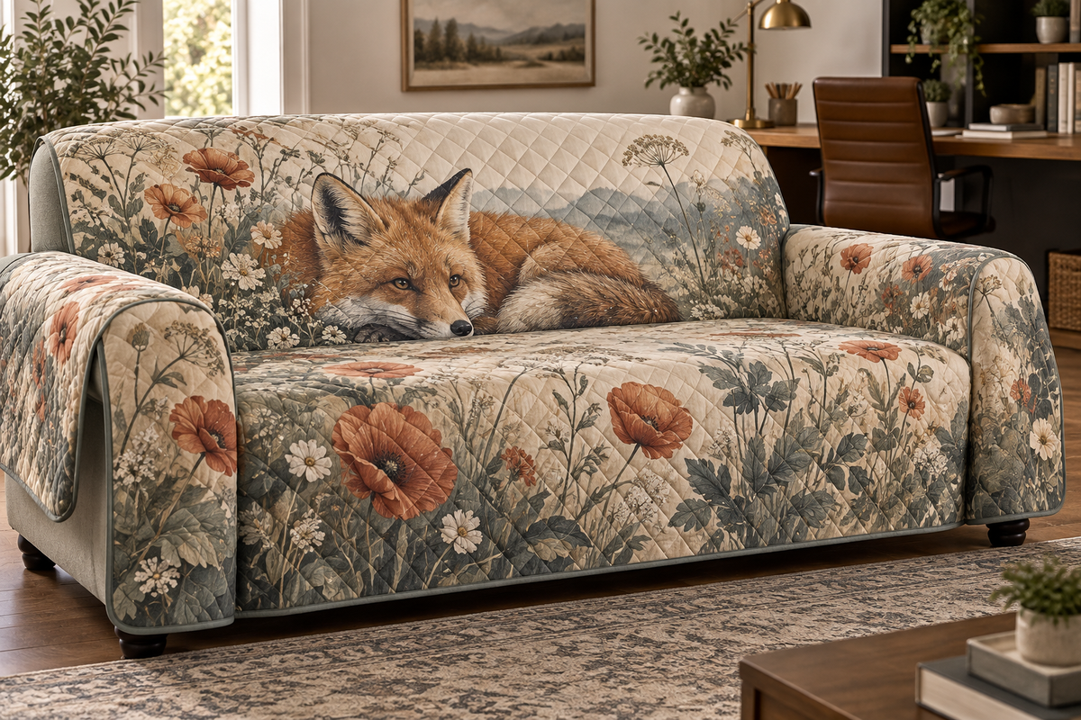 Fox Wildflower Office Sofa Cover with flat printed optical 3D fox, meadow stems, sage foliage and muted rust accents
