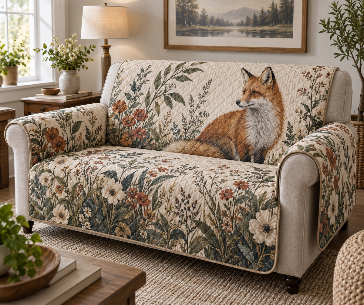 Fox Wildflower Welcome Sofa Cover with flat printed optical 3D fox and wildflower artwork; family name is added from the customer input