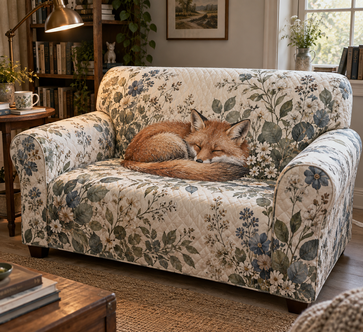Fox Wildflower Quiet Corner Sofa Cover with flat printed optical 3D fox, wildflowers, sage leaves and quiet-corner styling