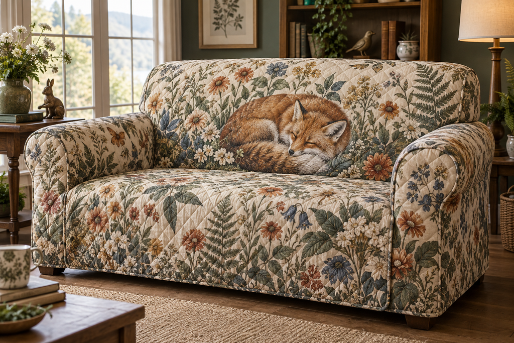 Fox Wildflower Collector Sofa Cover with flat printed optical 3D fox, meadow botanicals and collector-inspired detail