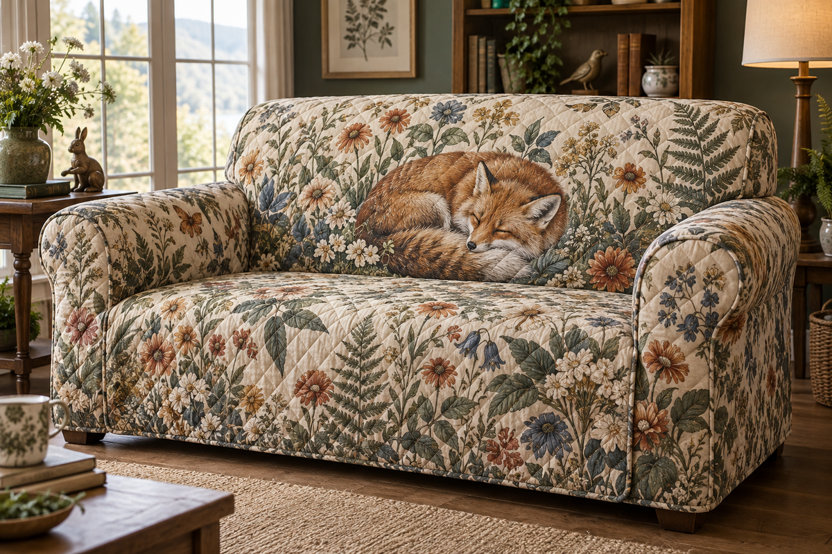 Fox Wildflower Collector Sofa Cover with flat printed optical 3D fox, meadow botanicals and collector-inspired detail