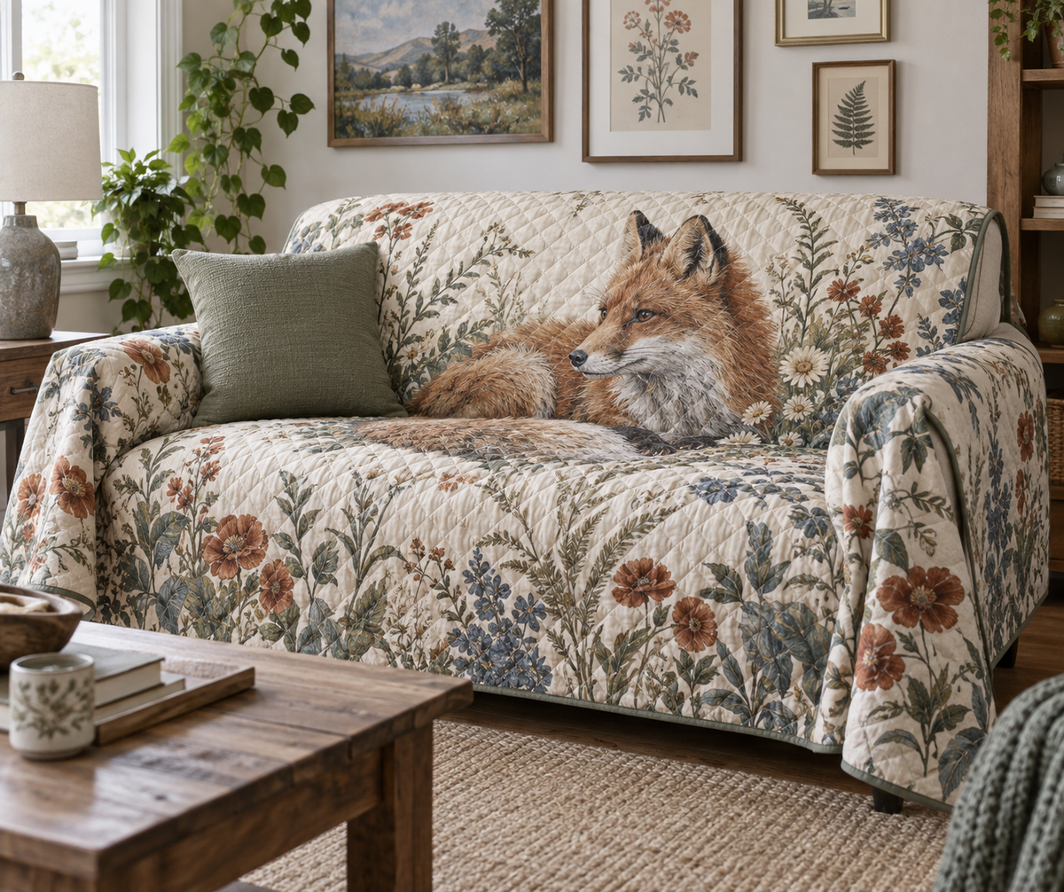 Fox Wildflower Gallery Sofa Cover with flat printed optical 3D fox, meadow botanicals and curated apartment-gallery styling