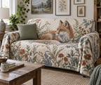 Fox Wildflower Gallery Sofa Cover with flat printed optical 3D fox, meadow botanicals and curated apartment-gallery styling