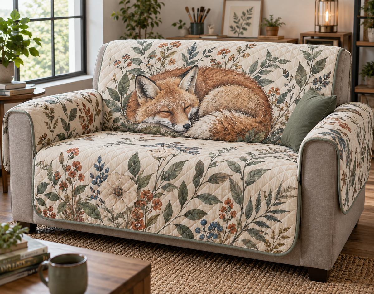 Fox Wildflower Studio Sofa Cover with flat printed optical 3D fox, wildflower botanicals and creative-studio styling