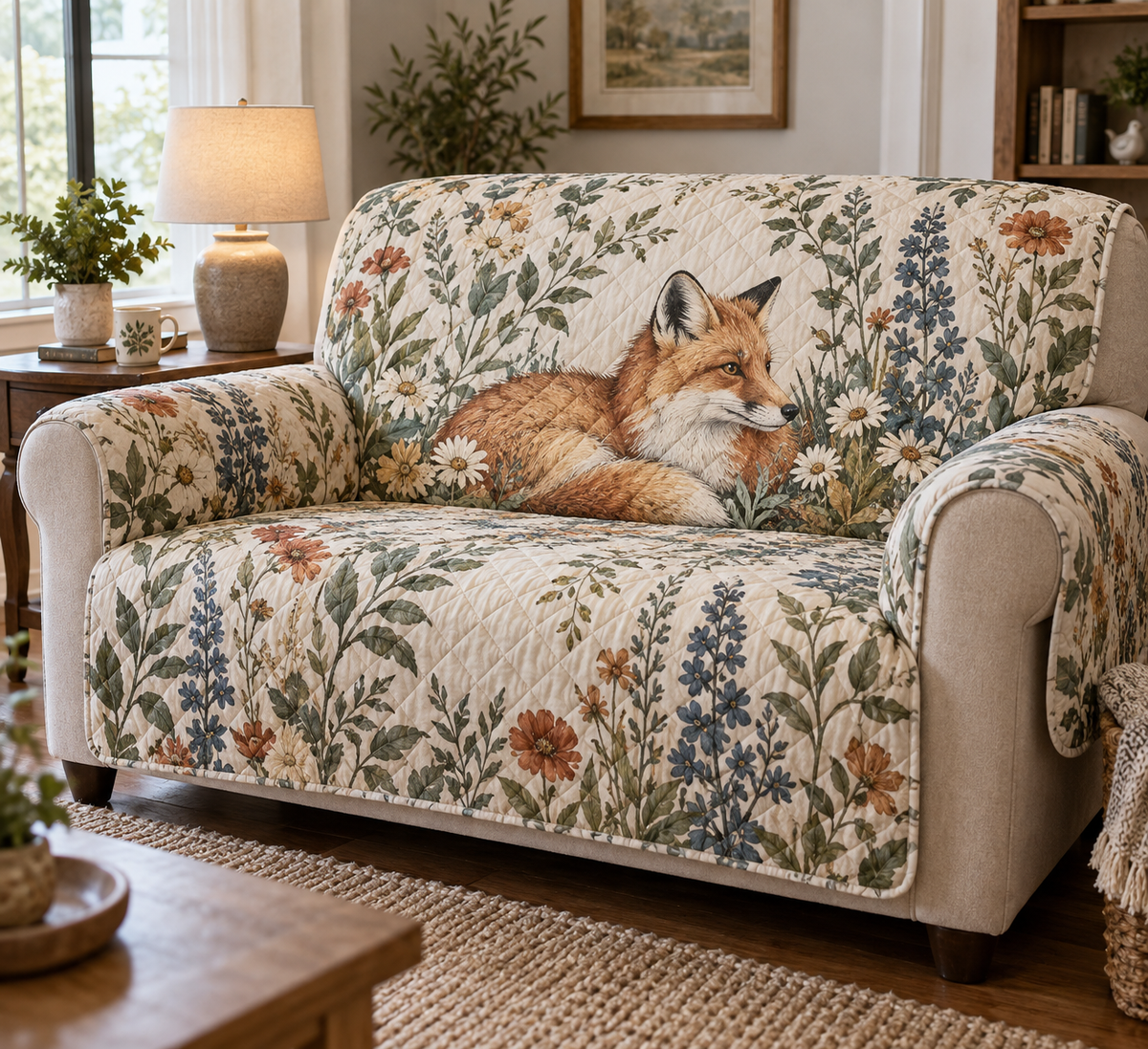 Fox Wildflower Host Thank You Sofa Cover with flat printed optical 3D fox, meadow flowers and thoughtful host-gift styling