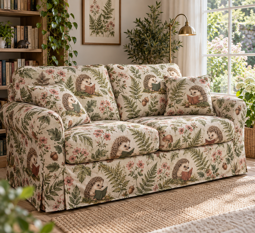Quilted sofa cover with hedgehog readers, ferns and garden blooms in a storybook print.