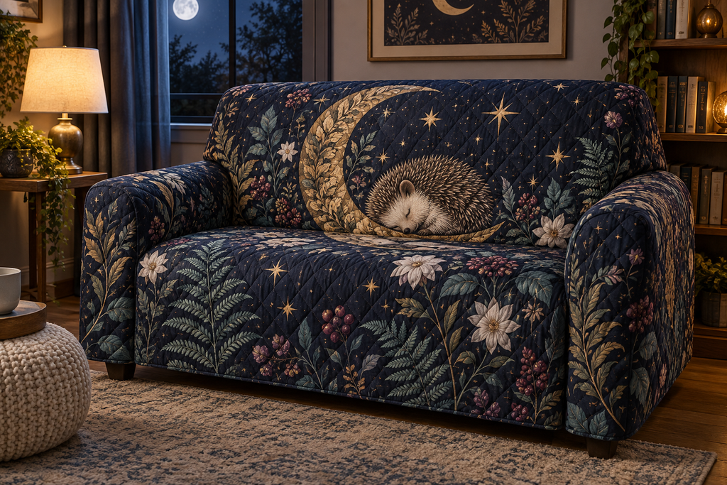Quilted sofa cover with sleepy hedgehog, leaf crescent and botanical night-garden print.