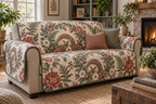 Quilted living-room sofa cover with a hedgehog inside a lush peony and fern wreath.