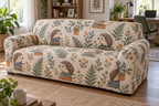 Quilted sofa cover with hedgehog, book stack and leafy desk-plant print.