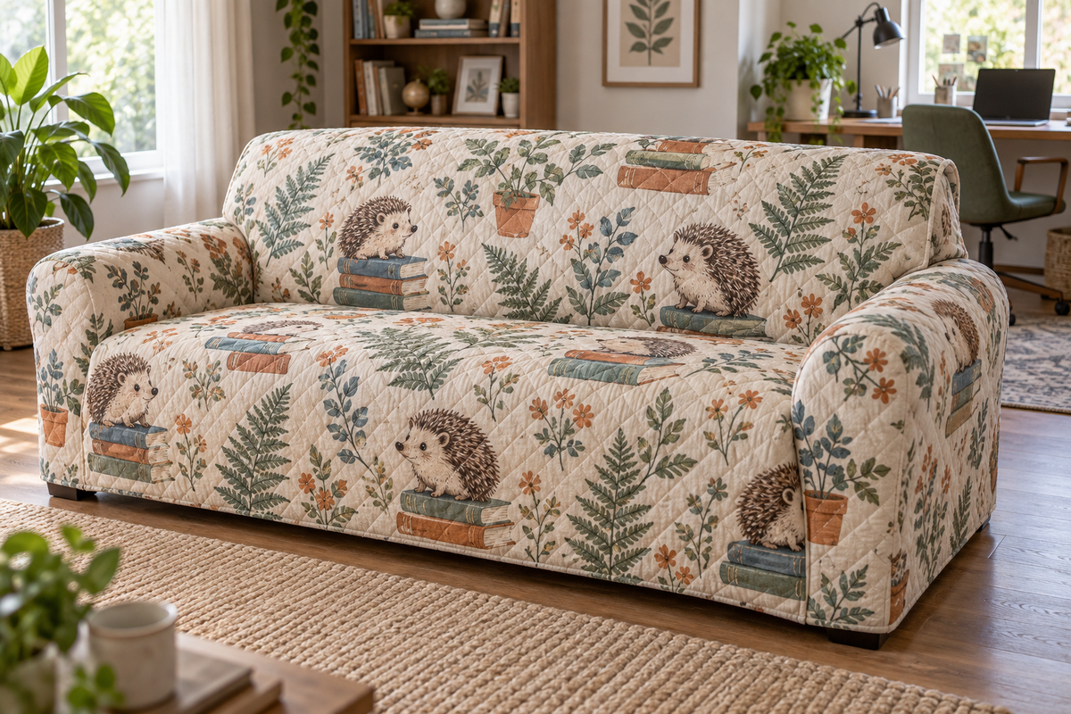 Quilted sofa cover with hedgehog, book stack and leafy desk-plant print.