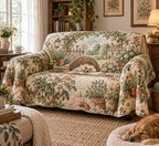 Fitted sofa cover with a curled reading hedgehog, leafy arch and cottage-garden print.