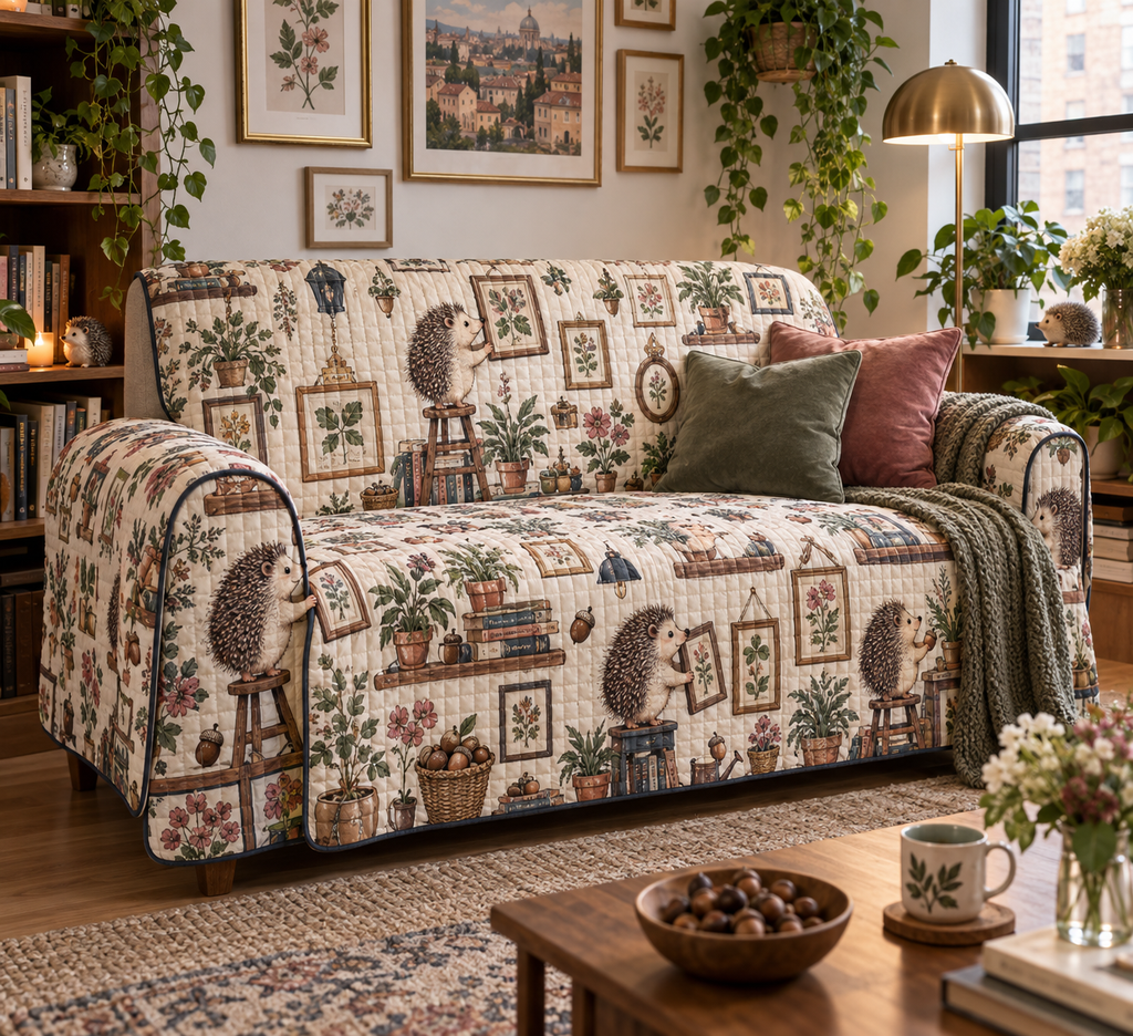 Fitted sofa cover with hedgehog curator, framed botanical miniatures and apartment gallery print.