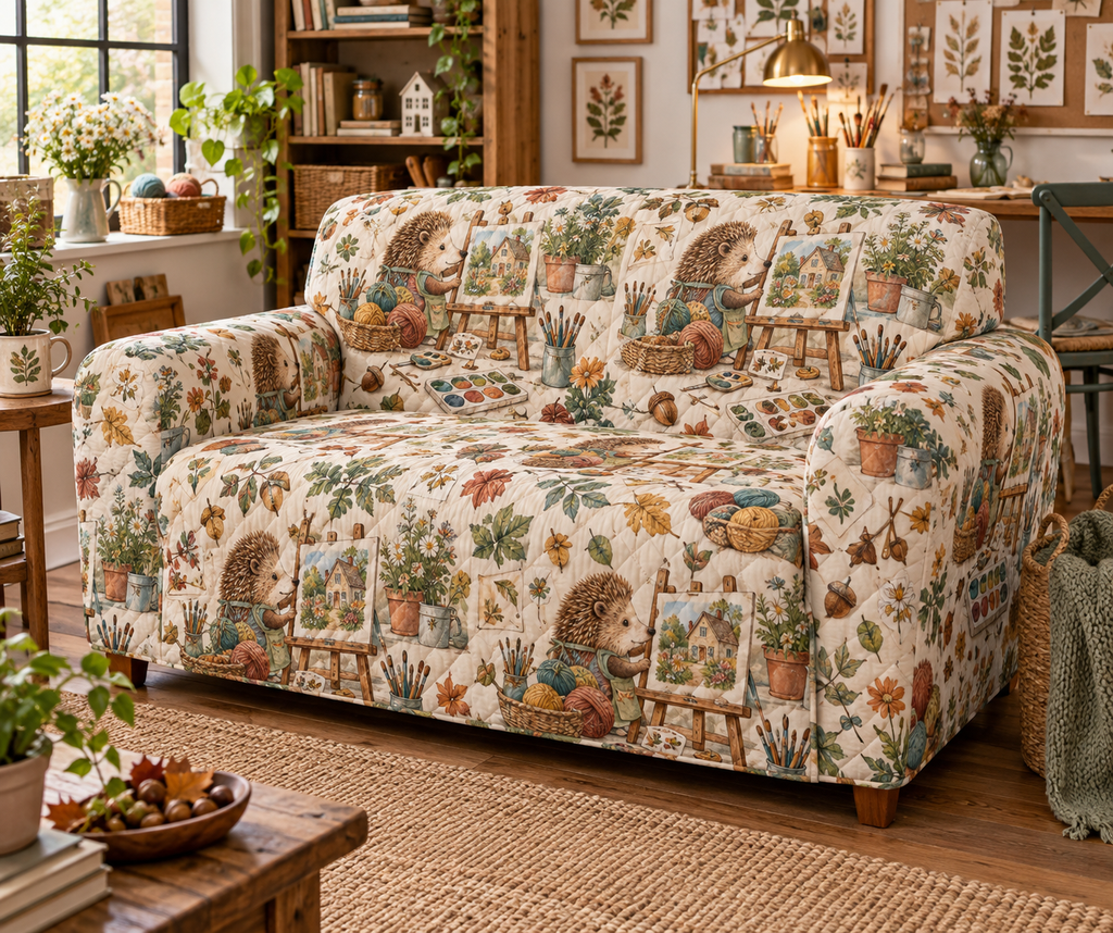 Fitted sofa cover with a painting hedgehog, easel and hobby-studio materials printed on quilted fabric.