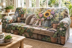 Fitted sofa cover with a hedgehog arranging a bouquet at a greenhouse potting bench.