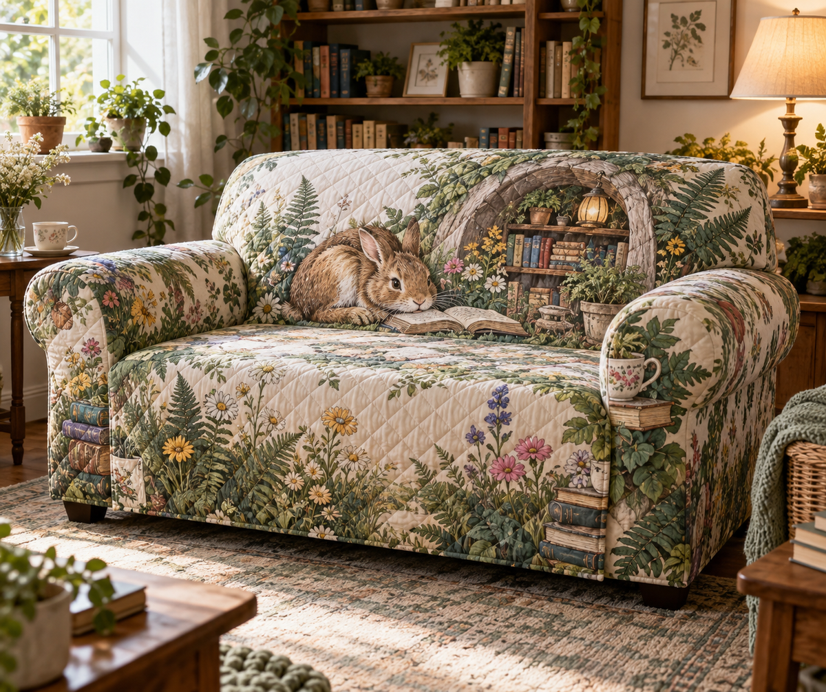 Fitted sofa cover with a reading rabbit, open book and miniature garden-library scene.