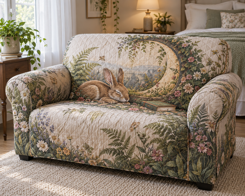 Fitted sofa cover with a resting rabbit, crescent-shaped floral window and meadow plants.