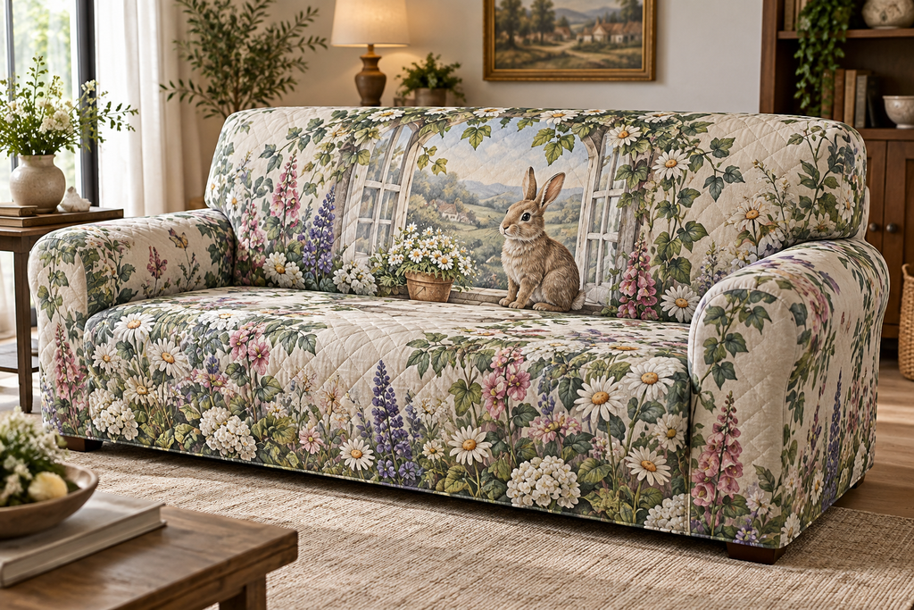 Full sofa cover printed with a rabbit by a flower-framed arched garden window in a bright living room.