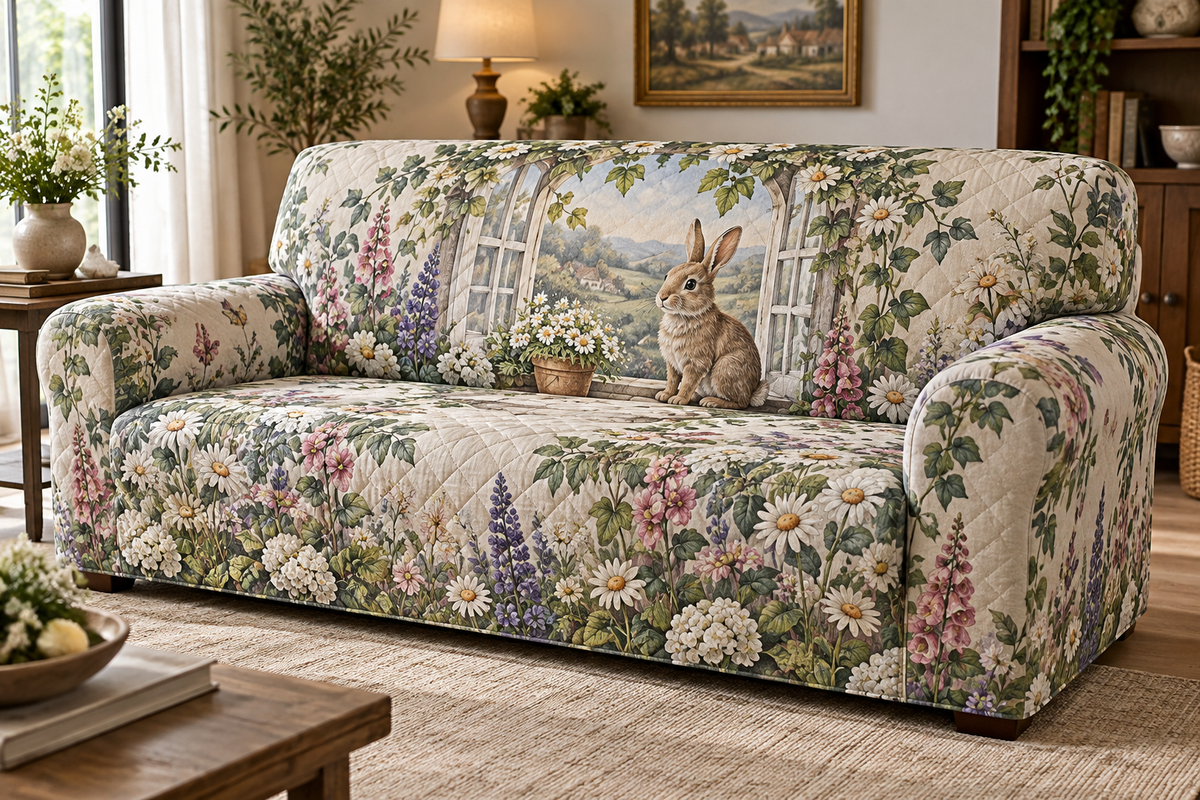 Full sofa cover printed with a rabbit by a flower-framed arched garden window in a bright living room.