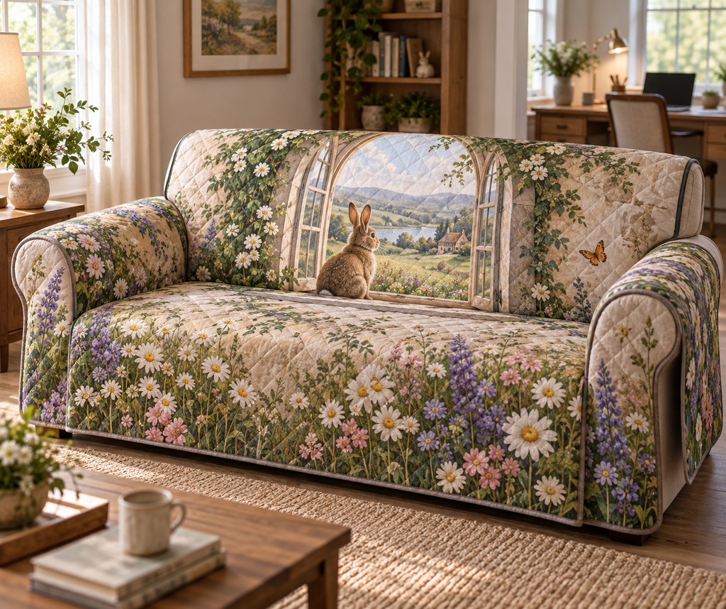 Full fitted sofa cover printed with a rabbit by an arched garden window among meadow flowers in a cottage office.