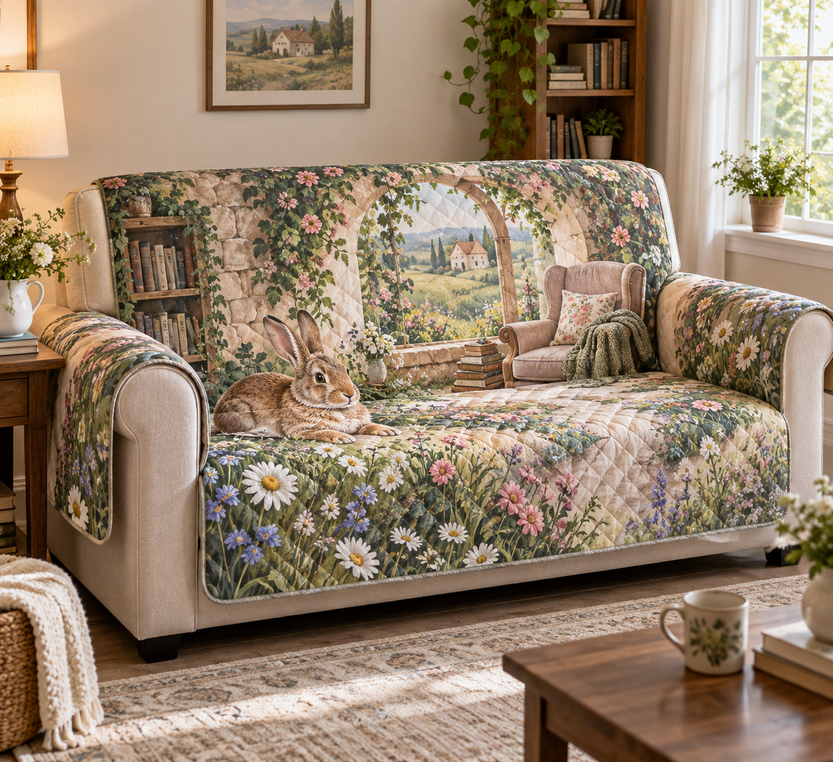 Fitted sofa cover printed with a resting rabbit by a cottage garden window and meadow flowers.