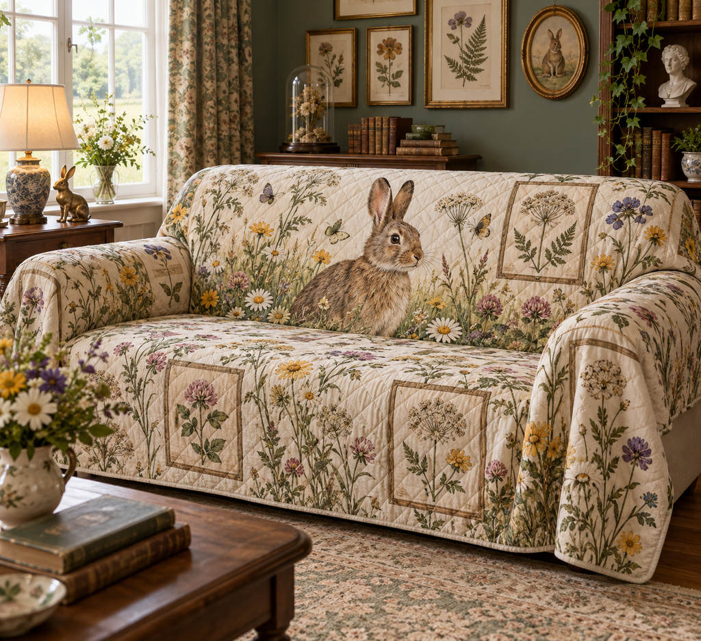 Fitted sofa cover with a brown rabbit, meadow wildflowers and framed botanical details.