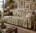Quilted sofa cover with rabbit botanical gallery panels, ferns and meadow flowers in a compact apartment.