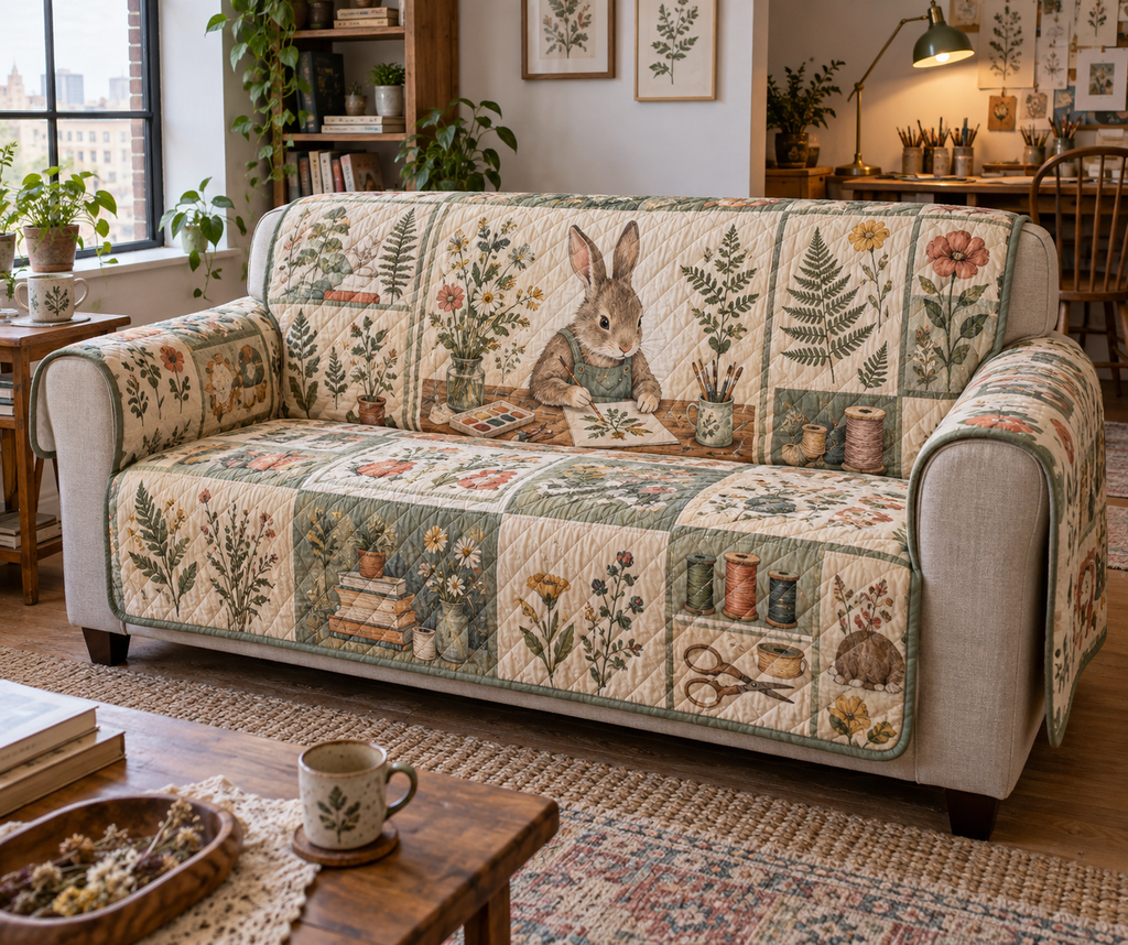 Quilted sofa cover with rabbit artist and pressed botanical prints in a small creative apartment.