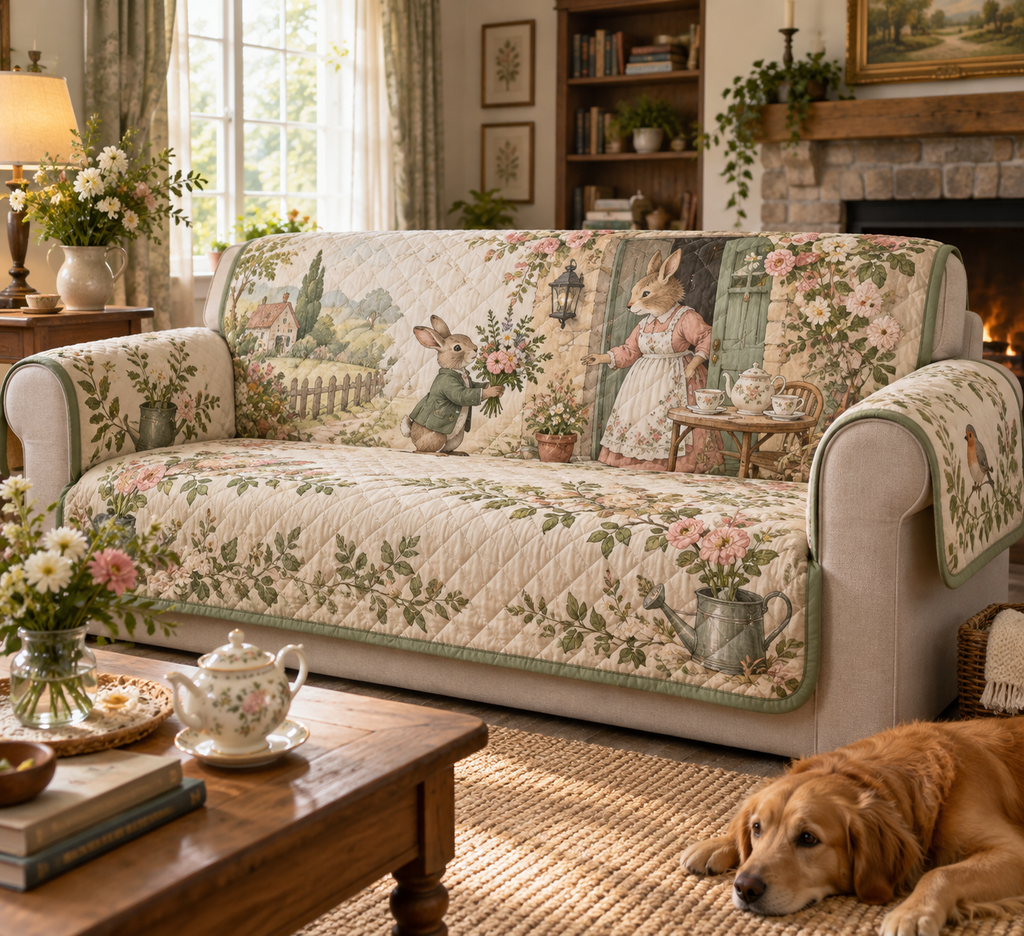 Quilted sofa cover printed with a rabbit delivering flowers and cottage botanicals in a welcoming host home.