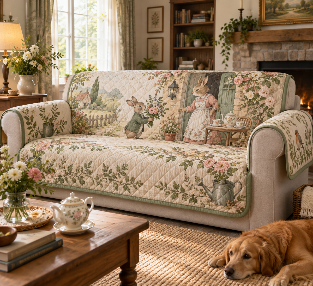 Quilted sofa cover printed with a rabbit delivering flowers and cottage botanicals in a welcoming host home.