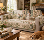 Quilted sofa cover printed with a rabbit delivering flowers and cottage botanicals in a welcoming host home.