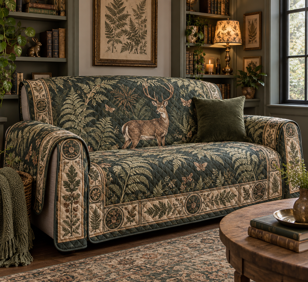 Quilted sofa cover printed with a woodland deer among fern fronds and antique botanical panels.
