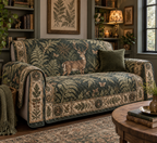 Quilted sofa cover printed with a woodland deer among fern fronds and antique botanical panels.