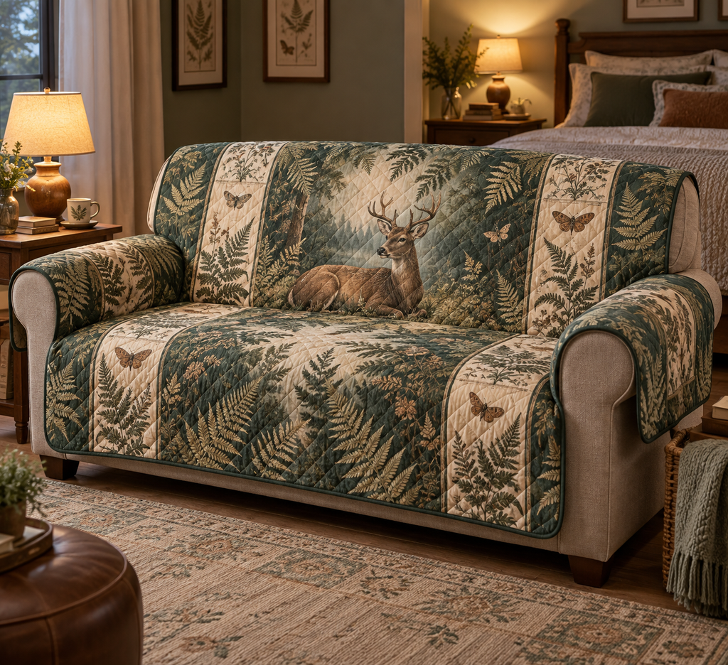 Quilted sofa cover with deer and fern artwork styled in a bedroom reading corner.