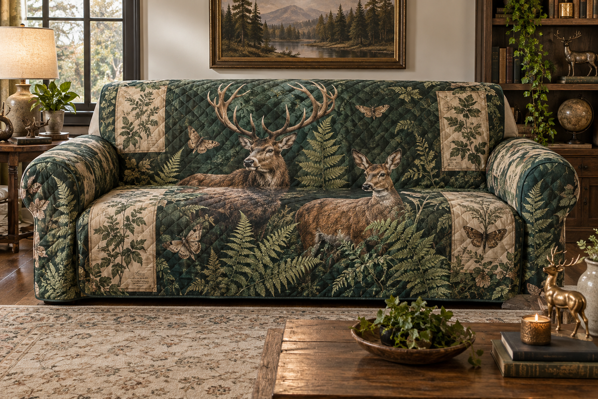 One sofa fitted with quilted cover printed with woodland deer and fern folio panels.