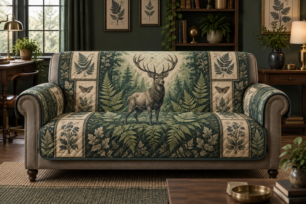 One sofa cover featuring a woodland stag among ferns, moths and botanical panels.