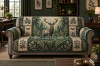 One sofa cover featuring a woodland stag among ferns, moths and botanical panels.
