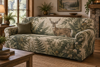 One fitted sofa cover with printed deer and fern artwork on a three-seat sofa.