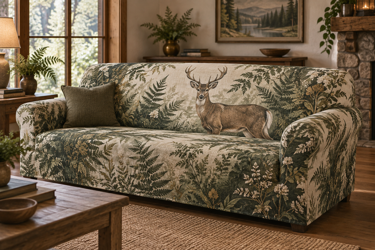 One fitted sofa cover with printed deer and fern artwork on a three-seat sofa.