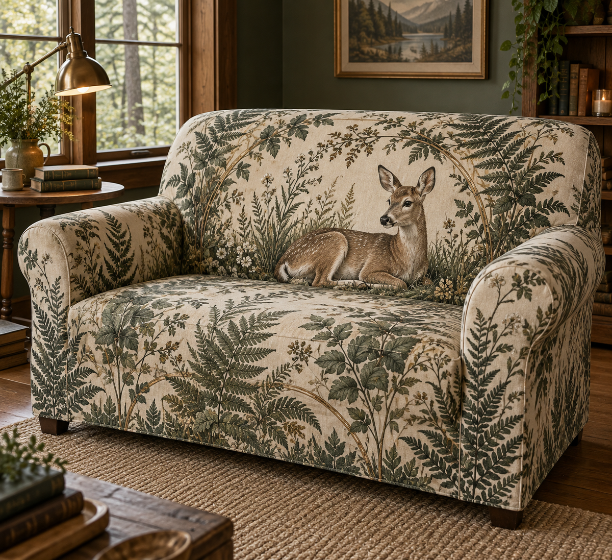 One fitted loveseat cover printed with a resting deer and ferns in a reading nook.