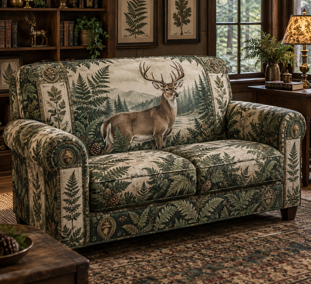 One fitted loveseat cover with a naturalist deer portrait and fern print.