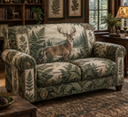 One fitted loveseat cover with a naturalist deer portrait and fern print.