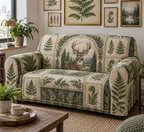 One fitted loveseat cover printed with a deer portrait framed by ferns and botanical panels.