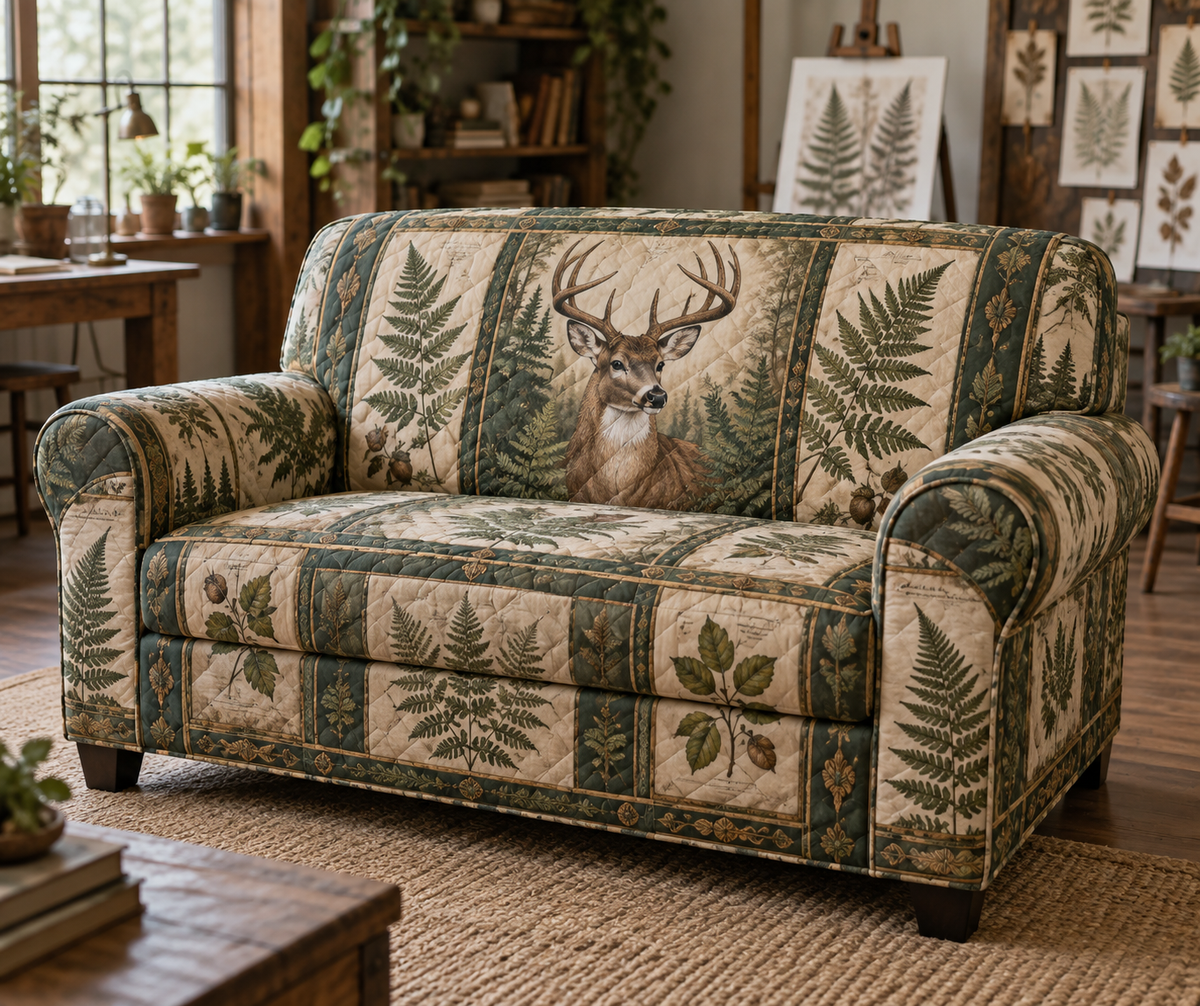One fitted loveseat cover with a deer portrait and fern-study print in an art studio.