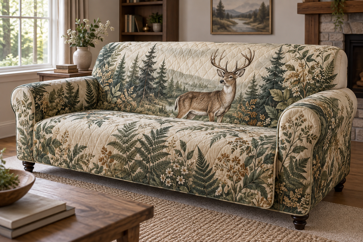 One fitted sofa cover with woodland deer and fern print on a living-room sofa.