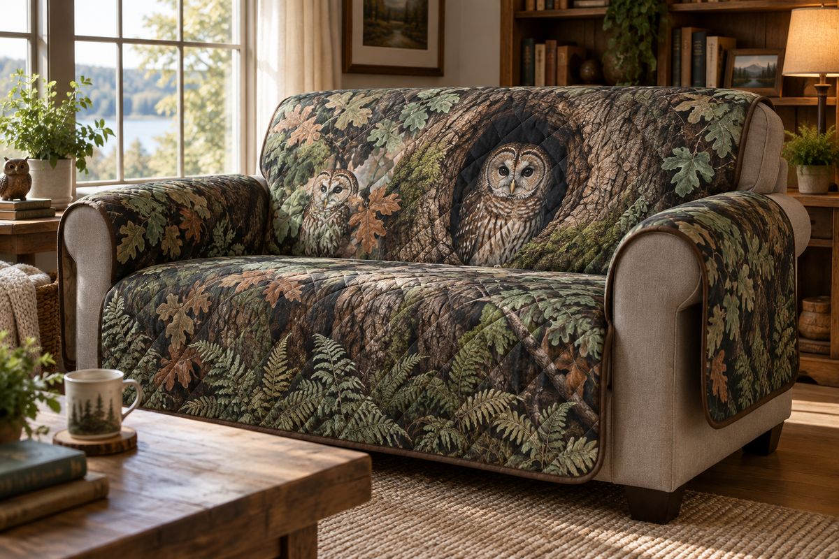 One fitted quilted sofa cover with an owl-in-hollow woodland print draped over a loveseat in a reading nook.