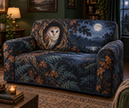 One fitted quilted sofa cover with a moonlit owl-in-hollow print on a bedroom loveseat.